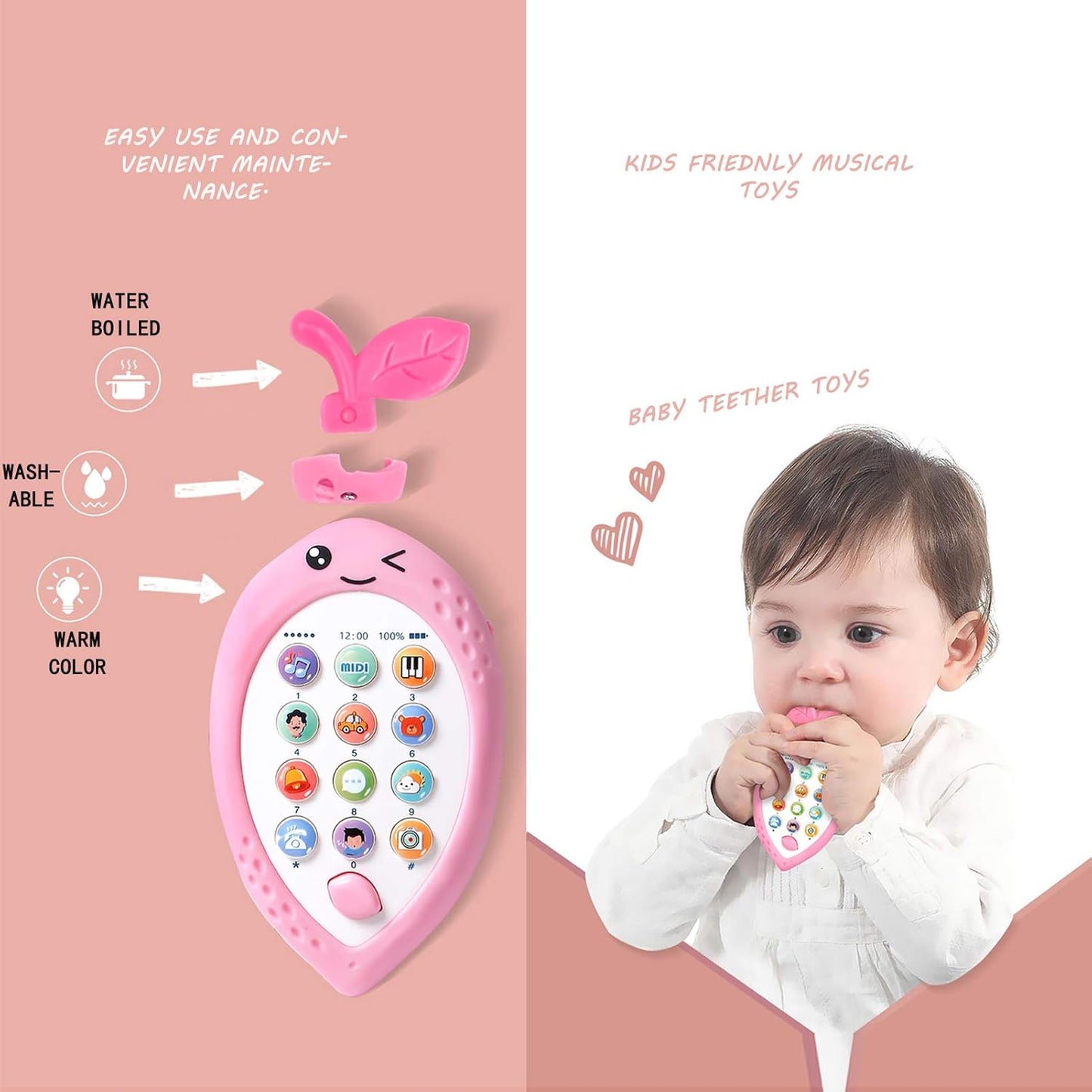 Musical Baby Cell Phone Toy for Baby Teething Game Fruit Baby Musical Toys for Early Learning Educational Baby Light up Toy Play Phones for Toddlers Toys Xmas Gifts for 2 3 Years Old Pink