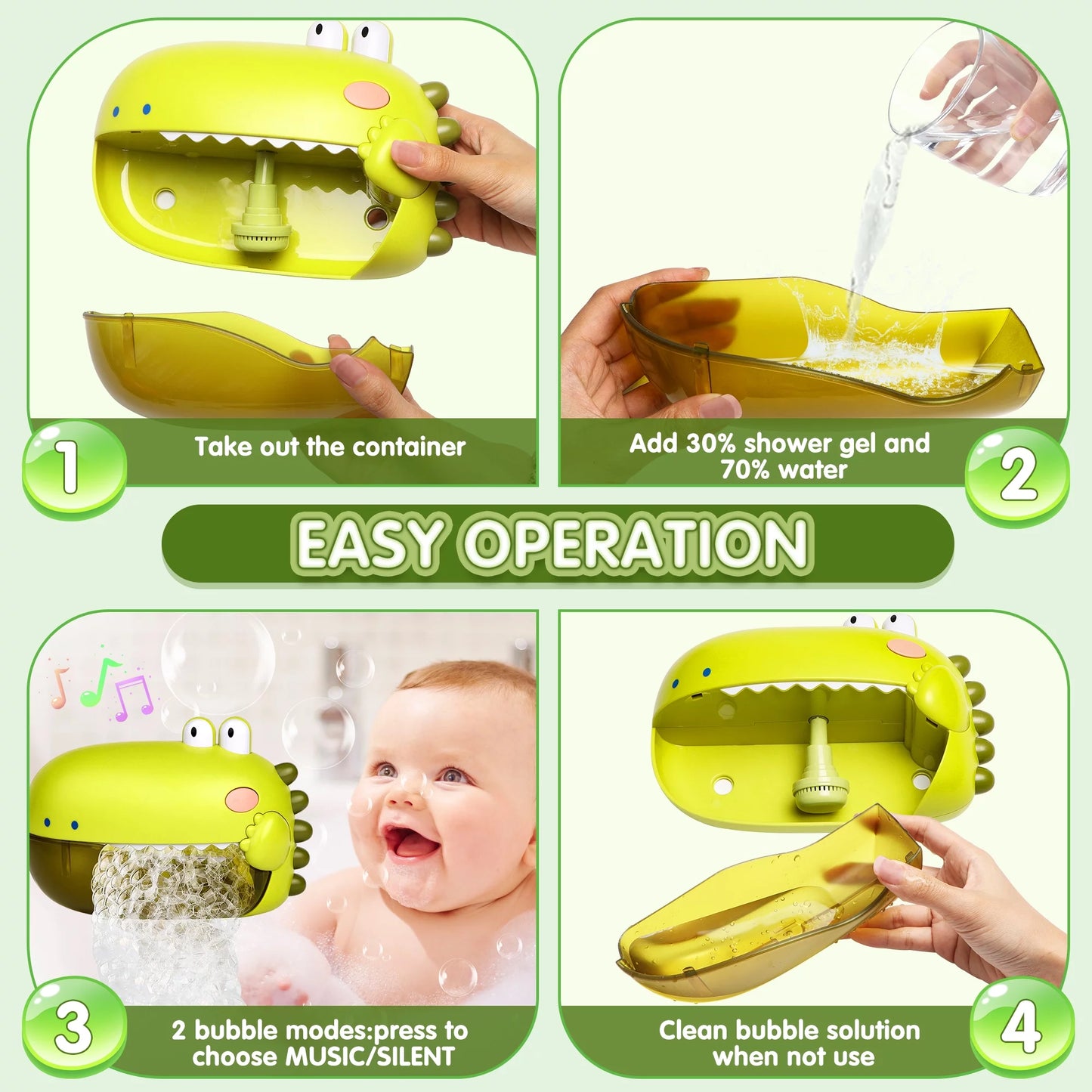 Dinosaur Bath Toys for Baby, Green Bathtub Toys Bubble Maker Machine, 12 Children'S Songs Christmas Gift for Toddler Girls Boys 18 Months Up