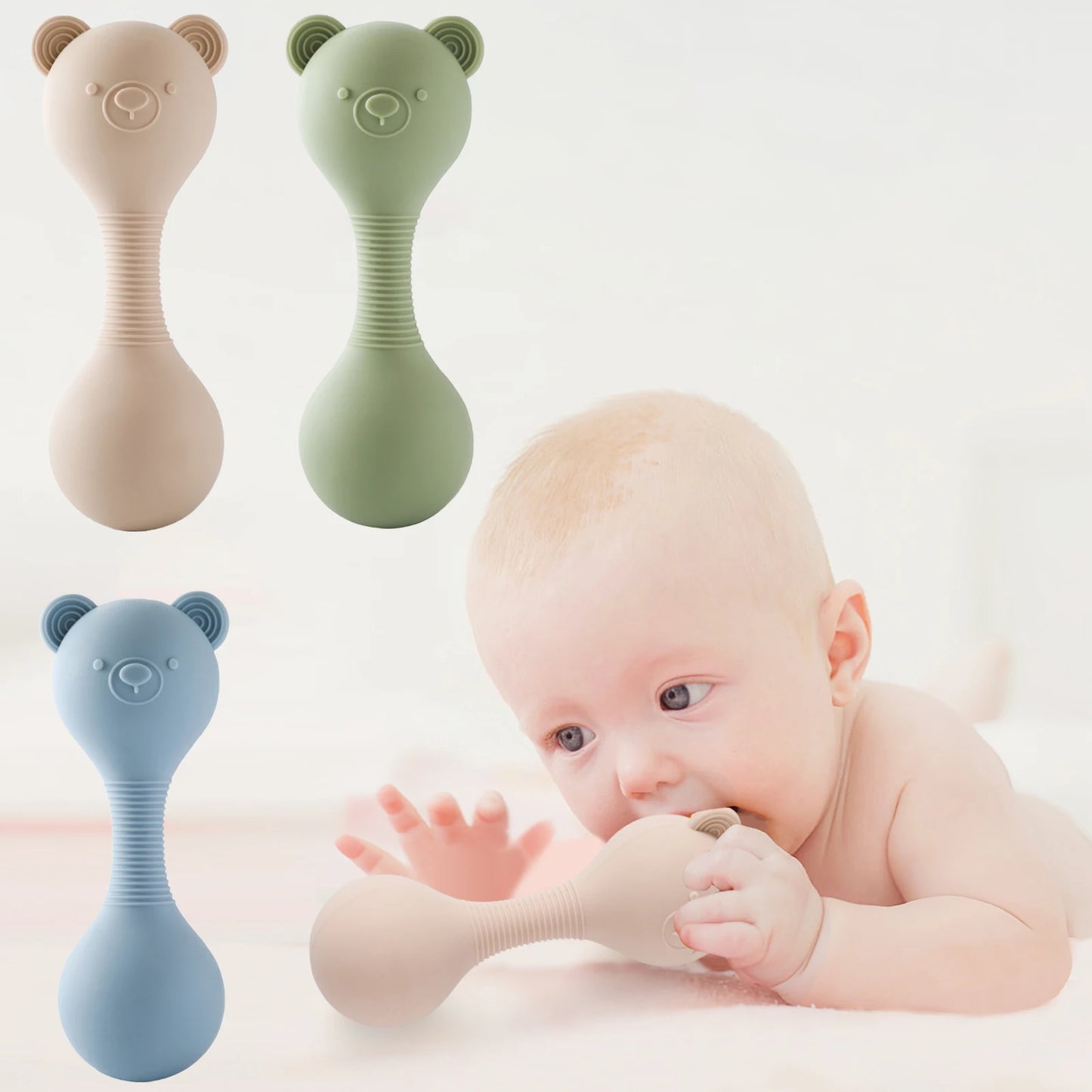 Rattles for Baby Silicone Maracas Toys Cartoon Bear Sand Hammer Baby Toys 0-12 Months Rattle Silicone Teether Toys for Baby Gift