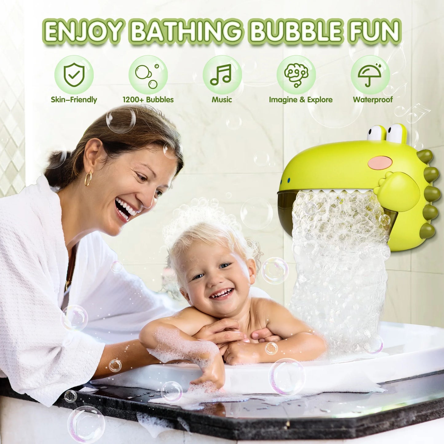 Dinosaur Bath Toys for Baby, Green Bathtub Toys Bubble Maker Machine, 12 Children'S Songs Christmas Gift for Toddler Girls Boys 18 Months Up