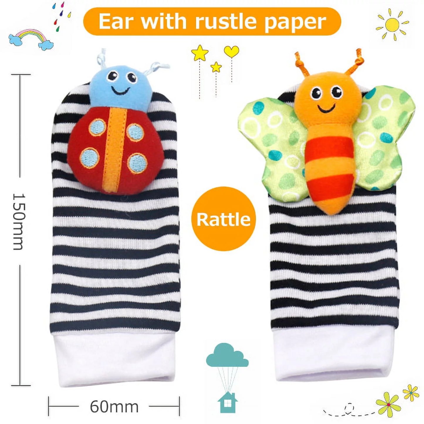 Foot Finder Socks & Wrist Rattles - Newborn Toys for Baby Boy or Girl - Brain Development Infant Toys - Hand and Foot Rattles Suitable for 0-3, 3-6, 6-12 Months Babies