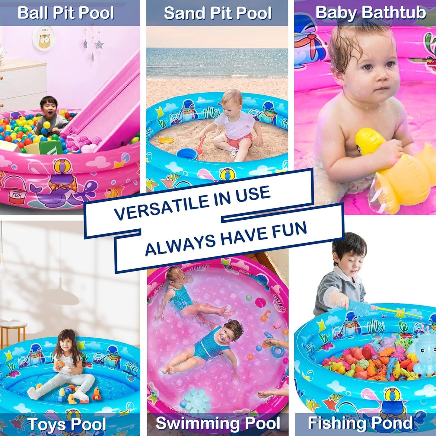 3 Rings Kiddie Pool, 48”X12”, Kids Swimming Pool, Inflatable Baby Ball Pit Pool, Small Infant Pool (Pink)
