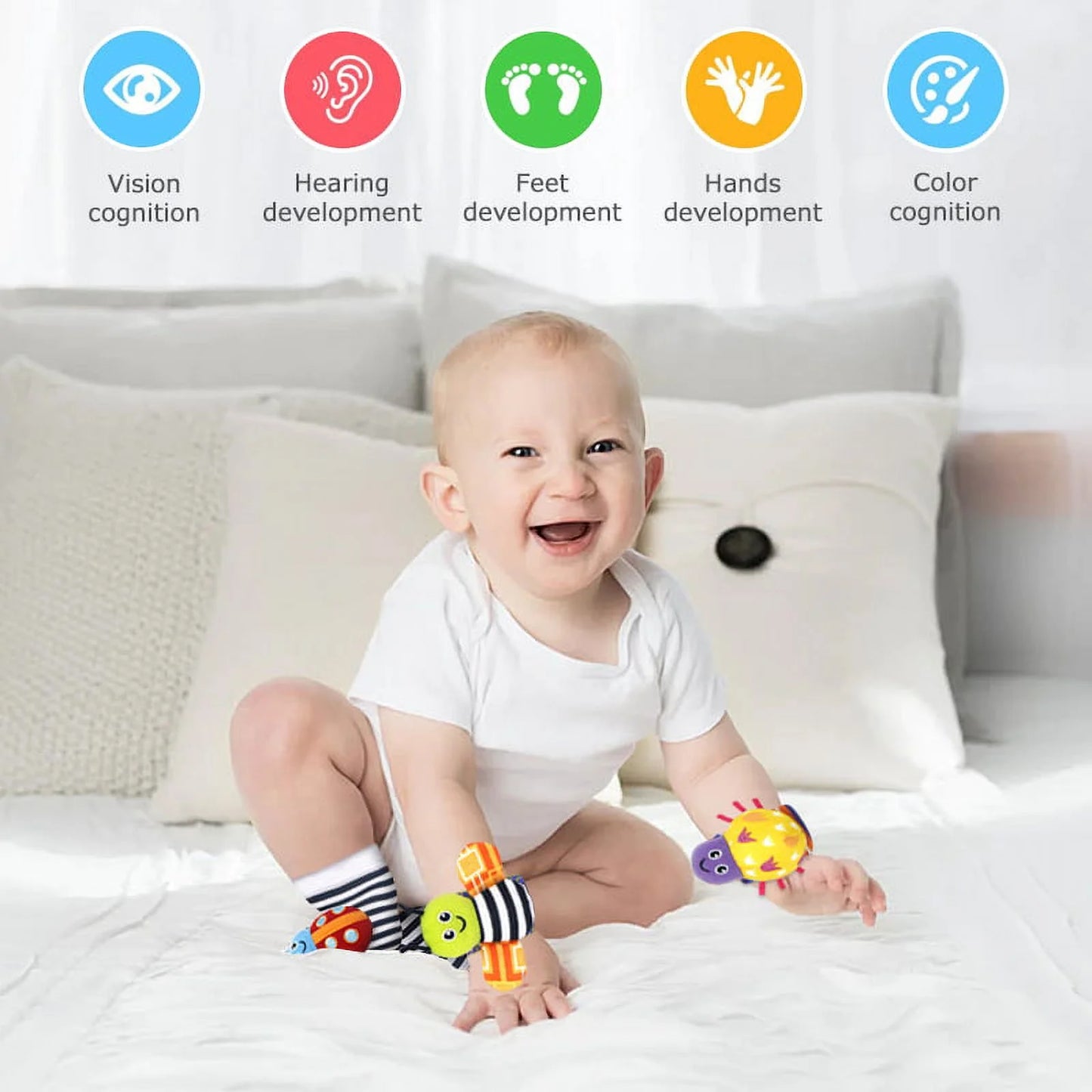 Foot Finder Socks & Wrist Rattles - Newborn Toys for Baby Boy or Girl - Brain Development Infant Toys - Hand and Foot Rattles Suitable for 0-3, 3-6, 6-12 Months Babies
